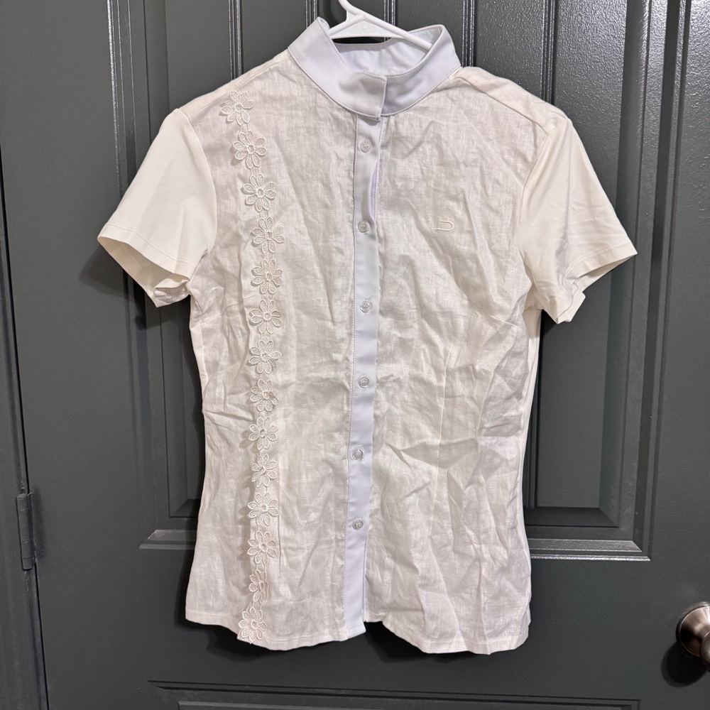 NWT Casa Borrell Elegant White Short Sleeve Women’s Linen Shirt